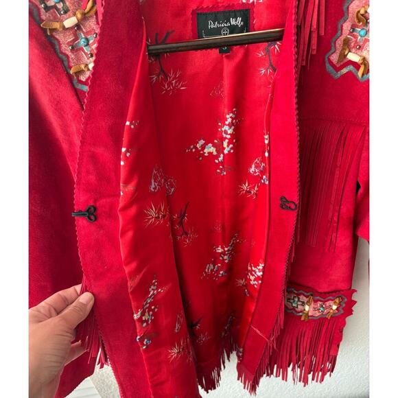 Women's M Patricia Wolf Fringe Jacket VTG Red Suede Beaded Coachella 70s - Picture 7 of 9